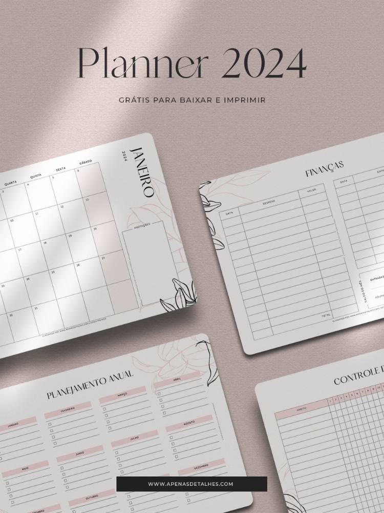 Planner floral com mês de janeiro, finanças e planejamento anual.