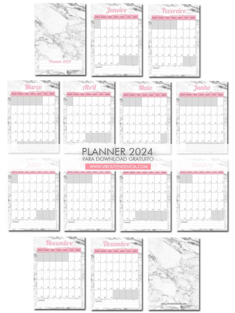 Páginas de todos os meses do planner de mármore. 