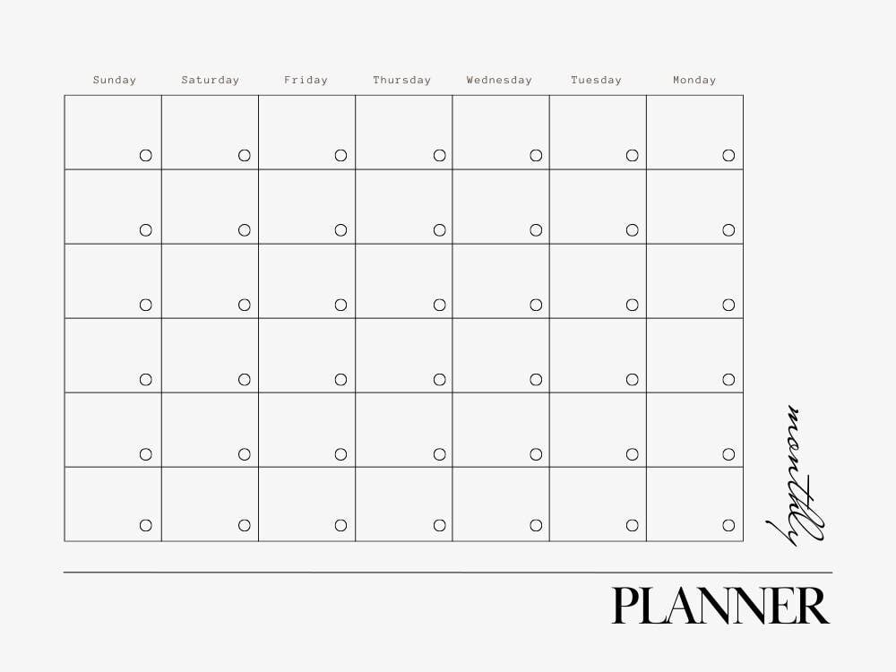 Planner mensal simples em cinza, com espaços em branco para marcar os dias e compromissos.