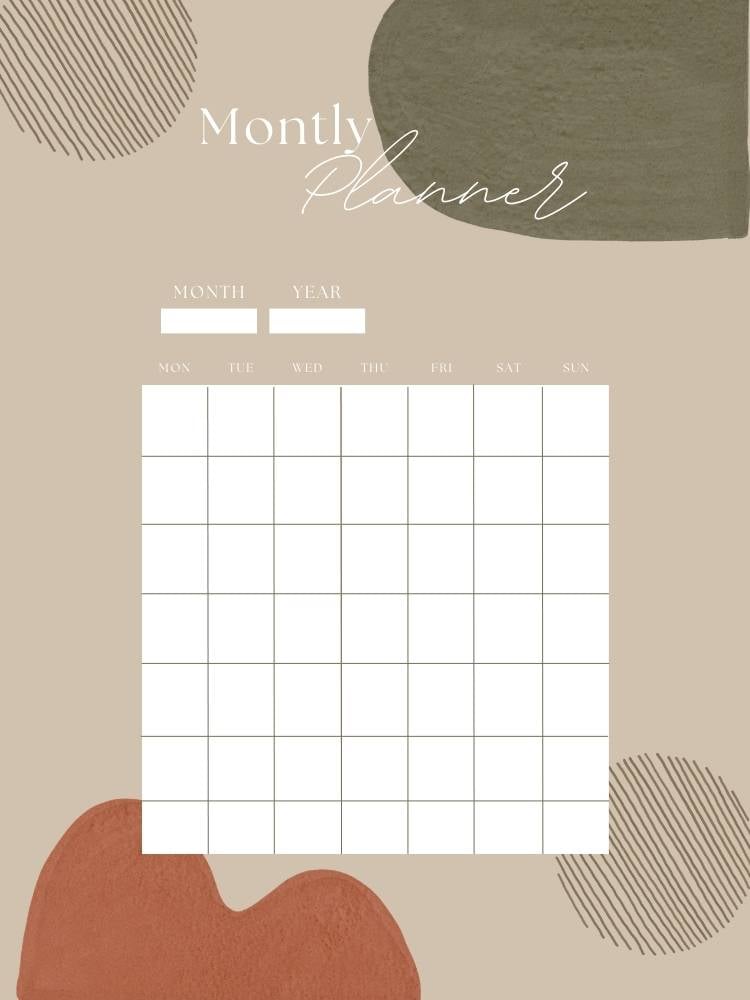 Planner mensal colorido com espaços em branco para você colocar as datas e anotações.