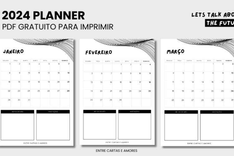 Planner em preto e branco, aparecendo os meses de janeiro, fevereiro e março, com o calendário e espaço para anotações. 
