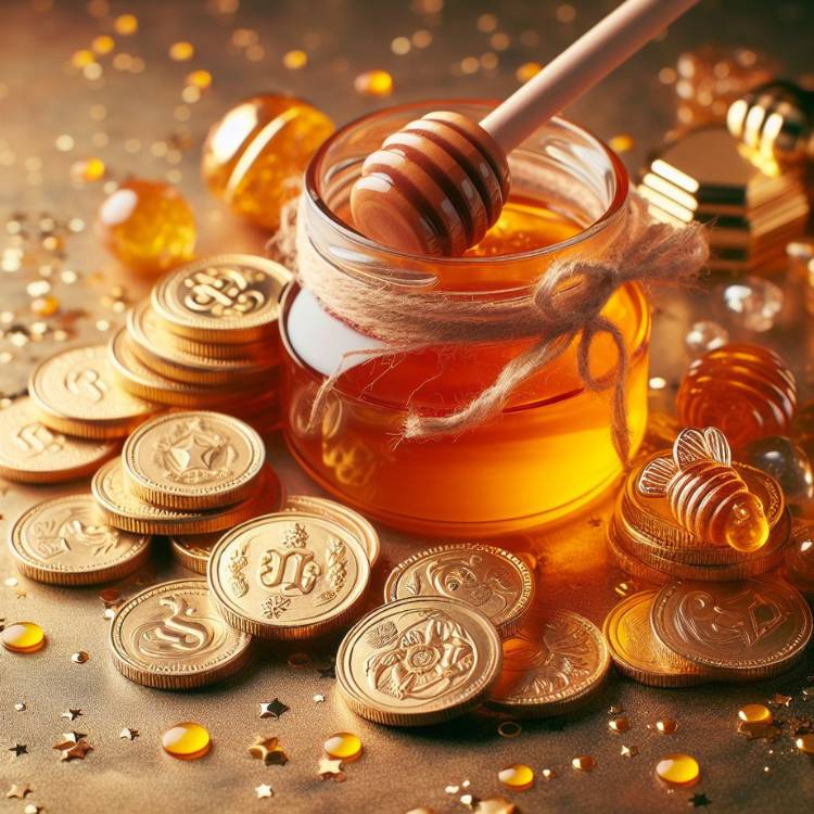 Pote de mel com moedas douradas ao lado em superfície dourada