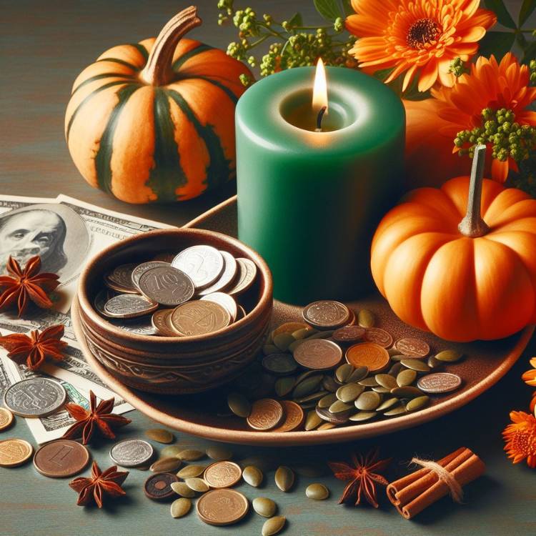 Uma imagem ilustrativa de simpatia para atrair dinheiro com pires, moedas, cravo da índia, sementes de abóbora, vela verde e flores de laranja ao redor para decorar
