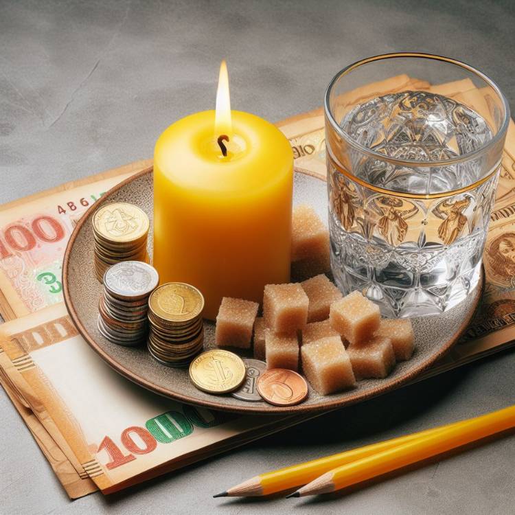 1 vela amarela, nota de dinheiro, moedas, 1 copo com água e açúcar mascavo
