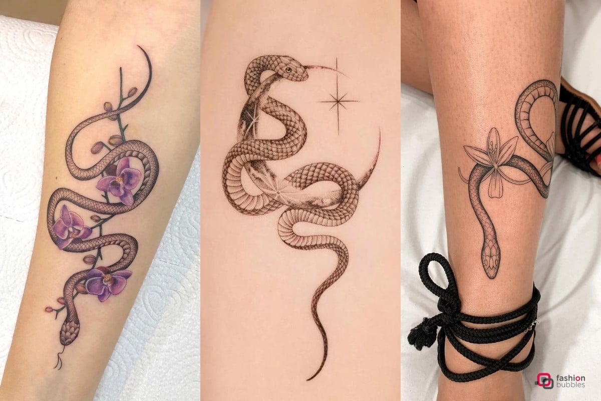 Montagem com 3 ideias de tatuagem de cobra femininas.