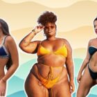 Num fundo de praia, a foto montagem traz três mulheres de biquíni que são tendência para o verão 2024