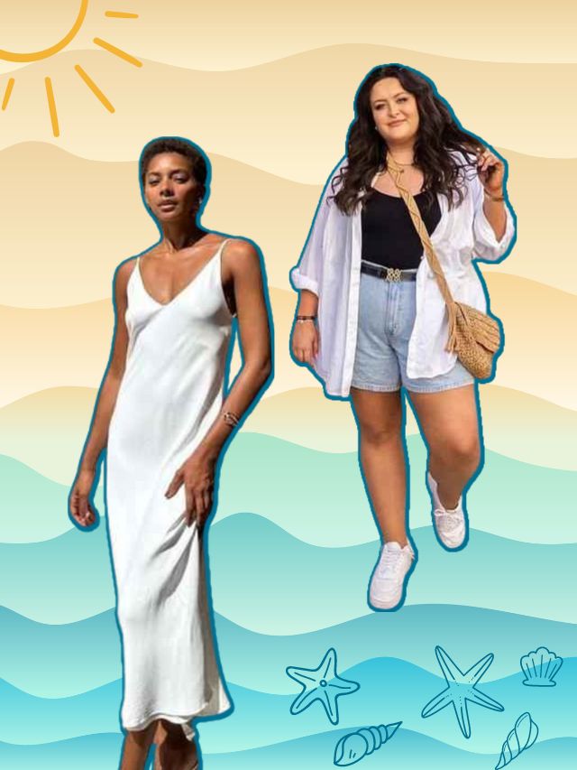 fundo de praia com foto de duas mulheres usando tendências verão 2024