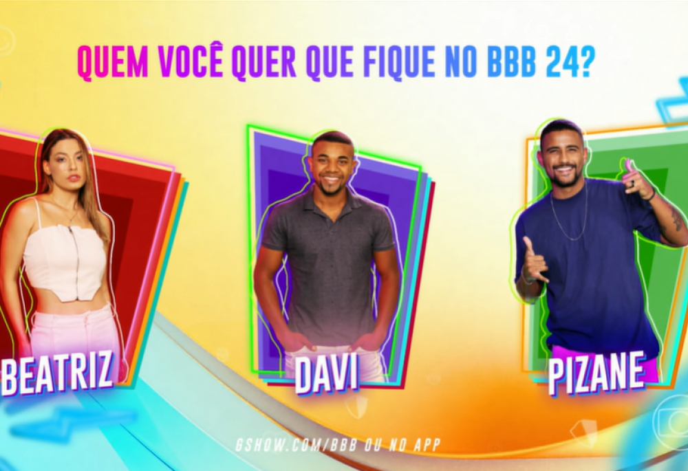 3° Paredão BBB 24. Da esquerda para direita: Beatriz Brasil, Davi Brito e Lucas Pizane