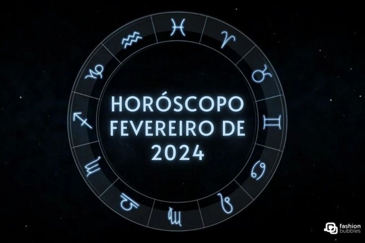 Ilustração do Zodíaco com o texto "Horóscopo Fevereiro de 2024" no meio