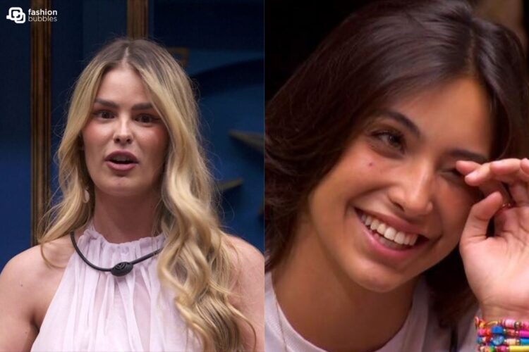 Montagem com fotos de Yasmin Brunet e Vanessa Lopes na sala do BBB 24