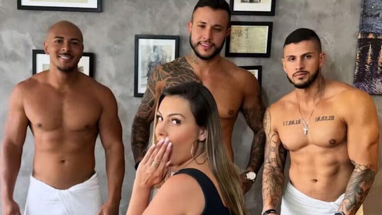 Andressa Urach contracena com três homens em vídeo íntimo.