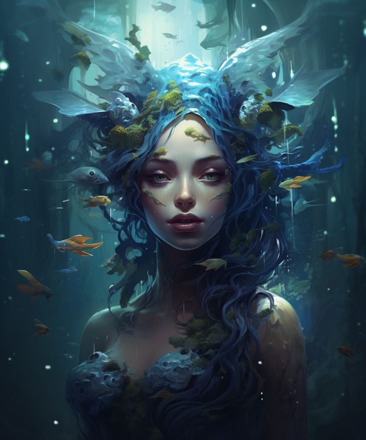 Desenho digital de sereia com cabelo azul e peixes a sua volta na água