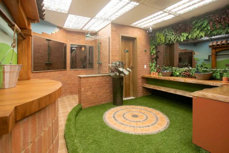 Banheiro do BBB com tikolos à vista, grama sintética, decoração de poço dos desejos e plantas artificiais na parede da pia. 