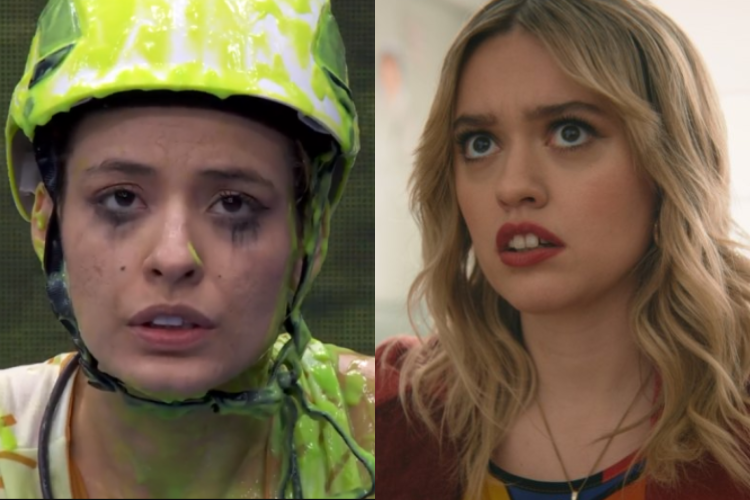 Imagem à esquerda mostra Beatriz, participante do BBB 24, com um capacete e coberta de gosma verde. À direita, está a foto da atriz Aimee Lou Wood, da série "Sex Education"