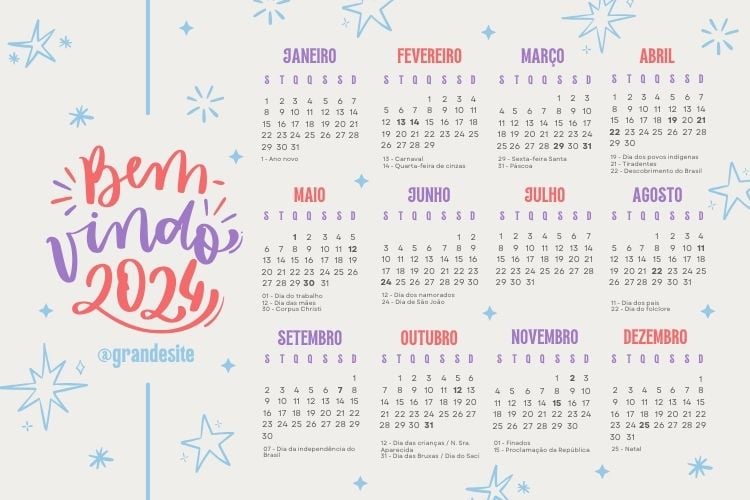 Calendário de 2024 com todos os meses e feriados nacionais, em tons de rosa e roxo. 
