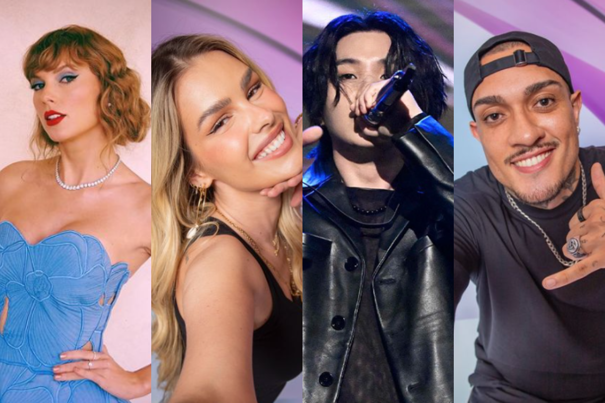 montagem de fotos mostra a cantora Taylor Swift, a modelo Yasmin Brunet, o rapper Suga, do grupo BTS, e o funkeiro MC Bin Laden