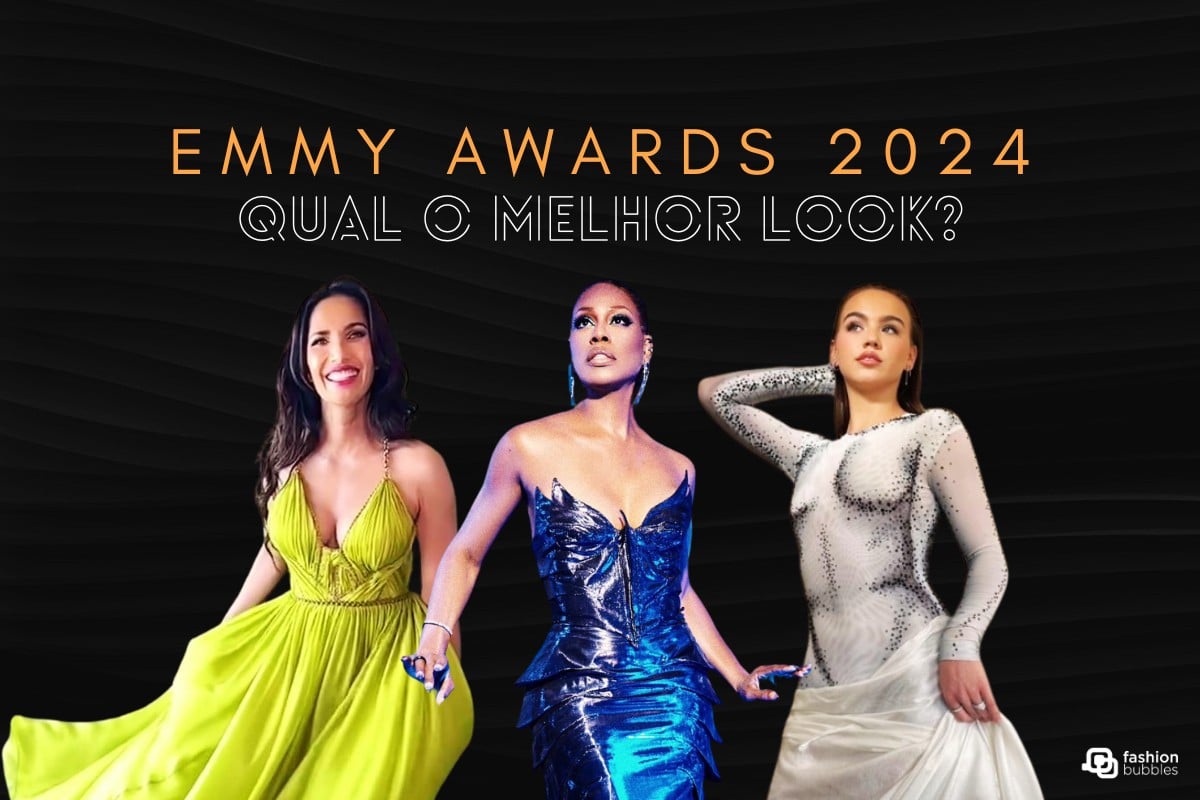 Montagem em fundo preto com foto de Padma Lakshmi, Laverne Cox e Emma Brooks com looks de gala no Emmy Awards 2024