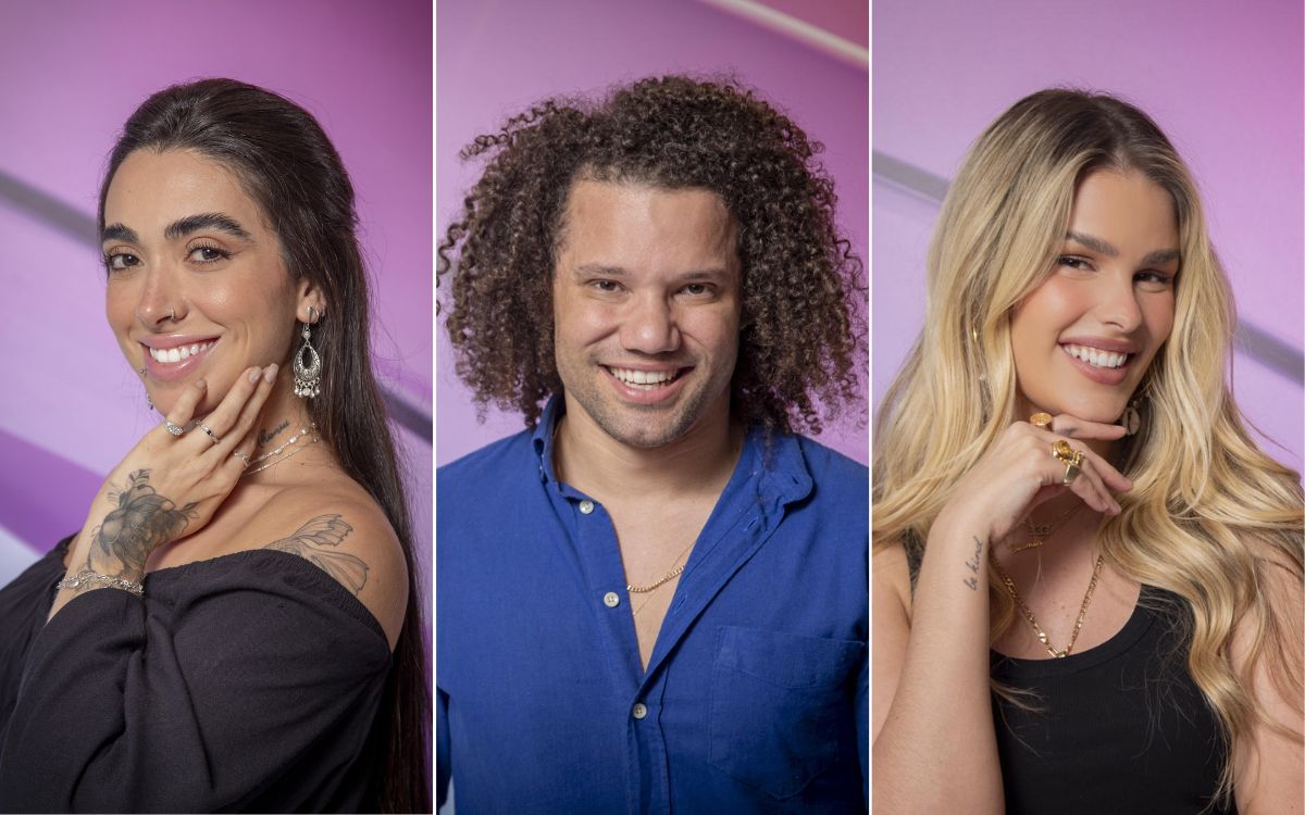 foto de Giovanna Lima, Maycon Cosmer e Yasmin Brunet, participantes da Enquete BBB 24 1º Paredão