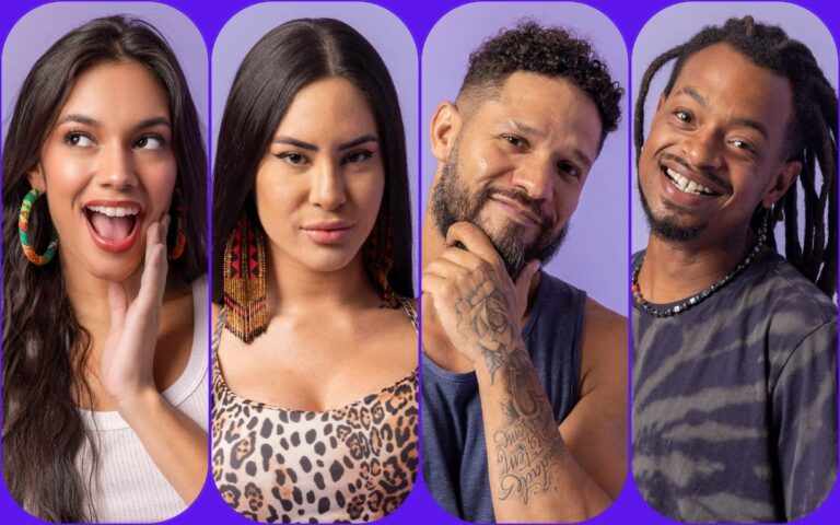 montagem com foto de Alane, Isabelle, Juninho e Lucas Luigi, participantes da enquete BBB 24 6º Paredão