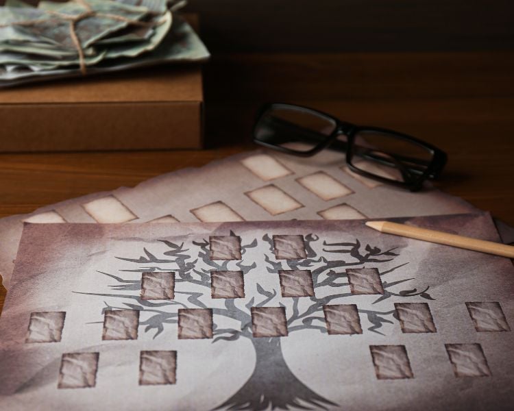 árvore genealógica em papel, com lápis, óculos, caixa e fotografias antigas, tudo sob superfície de madeira