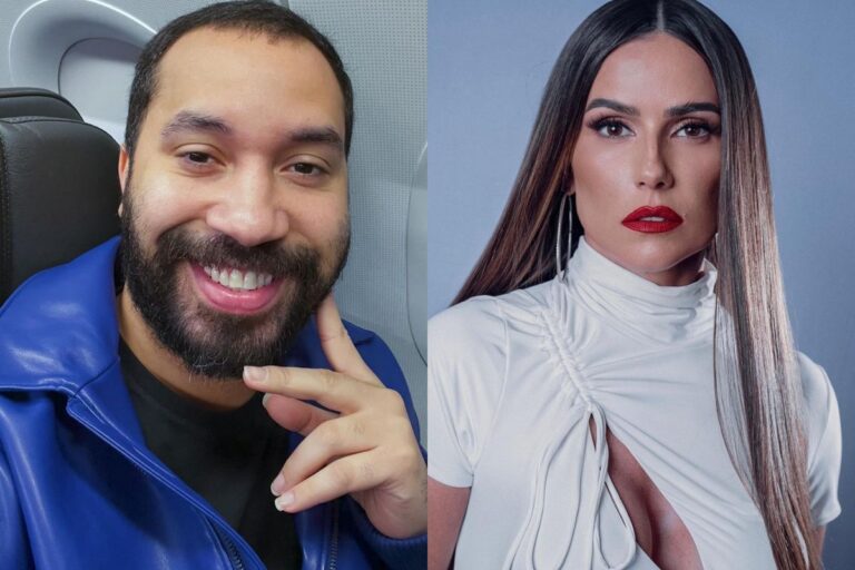Montagem com duas fotos, a primeira de Gil do Vigor e a segunda de Deborah Secco