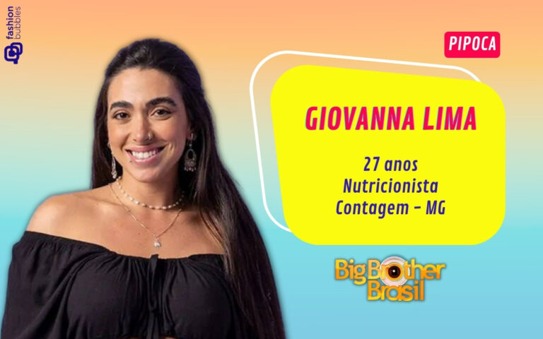 Foto de Giovanna Lima e alguns dados pessoais dela em fundo amarelo, laranja e azul com logo do Big Brohter Brasil