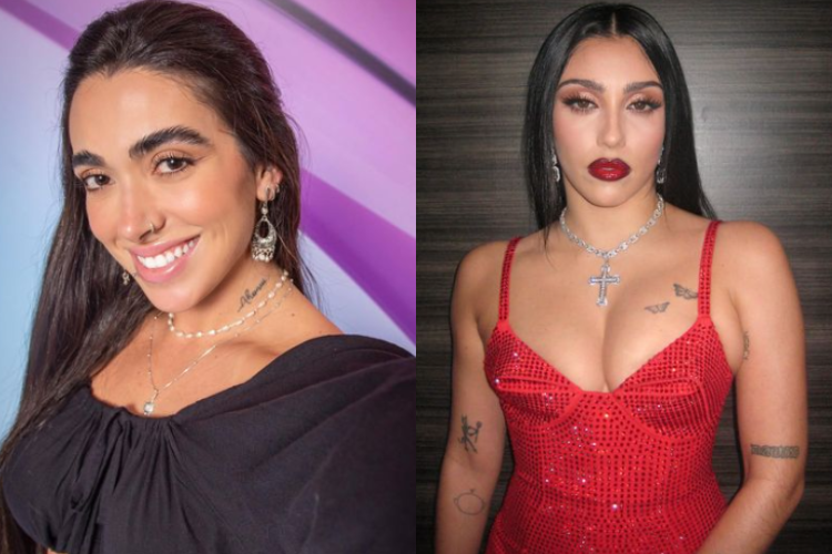 À esquerda da montagem, está Giovanna Lima, participante do BBB 24, vestindo uma blusa preta. À direita, está Lourdes Maria, filha de Madonna, de cabelos compridos e vestido vermelho.