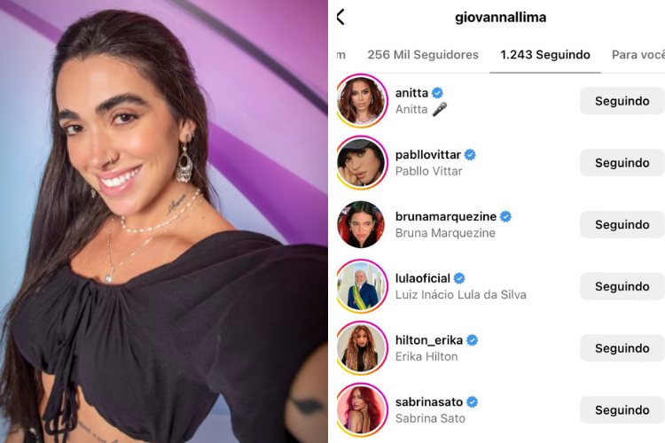 Montagem mostra a paticipante do BBB 24 Giovanna Lima à esquerda, de cabelos longos e blusa preta. À direita, está um print de seu Instagram, que mostra que ela segue Lula, Pabllo Vittar e Erika Hilton.