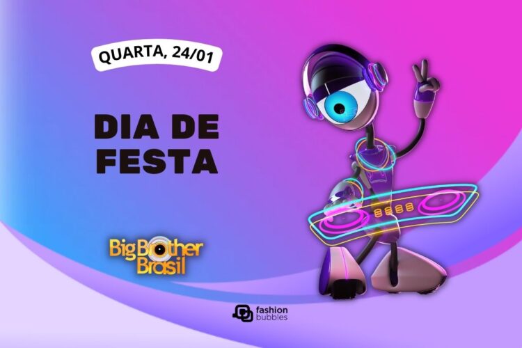 fundo roxo com ilustração de robô ao lado de que horas começa o BBB 24 hoje, 24/01