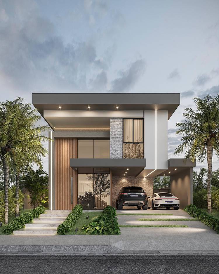 Fachada de casa moderna , com dois carros na garagem, paredes de vidro e pedra, e rodeada por palmeiras. A casa tem um design contemporâneo e iluminação externa.