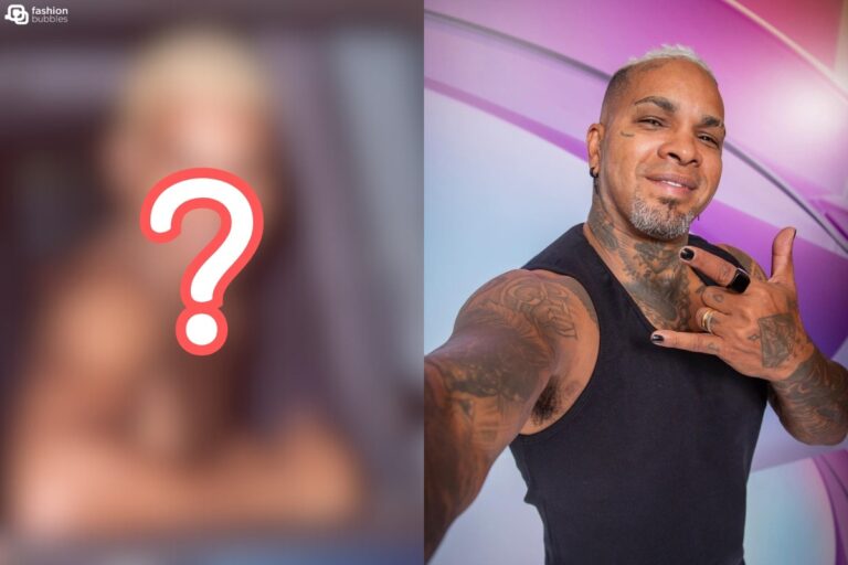 Montagem com uma foto do Rodriguinho jovem desfocada e com ponto de interrogação e outra foto do cantor na apresentação do BBB