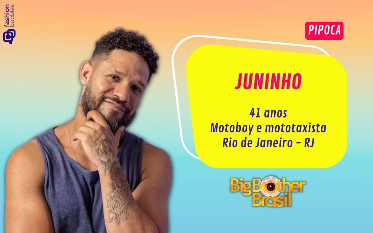 Montagem de Juninho com a estética da apresentação do BBB, com seu nome, "41 anos", "motoboy e mototaxista", "Rio de Janeieo - RJ".
