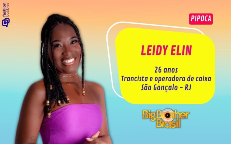 Montagem de Leidy Elin, uma mulher de pele negra e cabelo preto trançado, usando roupa roxa com o design de apresentação do BBB. Nele, há seu nome, "26 anos", "trancista e operadora de caixa" e "São Gonçalo-RJ".