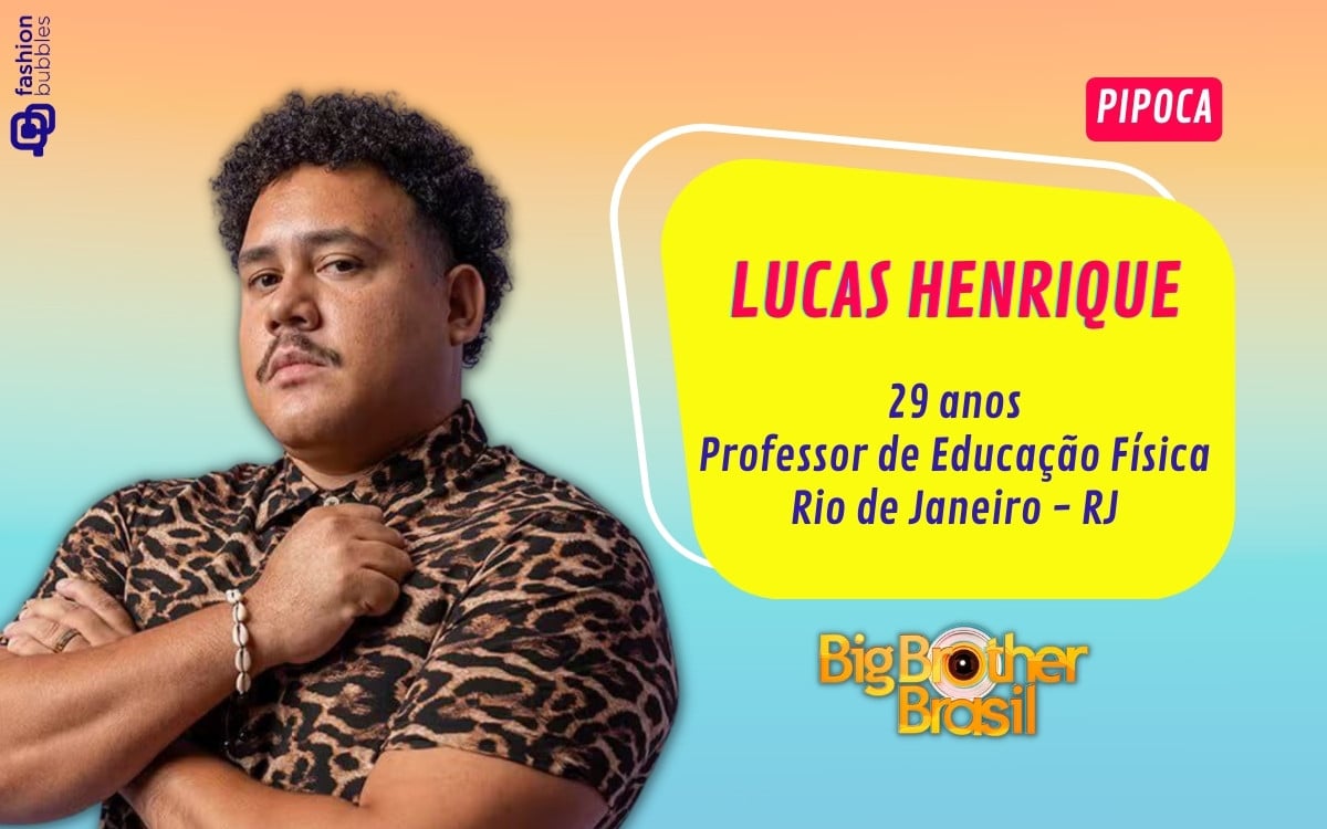 Montagem de Lucas Henrique com a estética do BBB, seu nome, "29 anos", "Professor de Educação Física" e "Rio de Janeir - RJ"