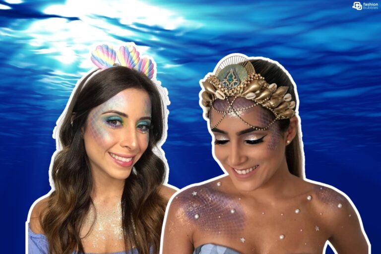 Montagem com fundo do mar e duas maquiagens de sereia, uma mais básica em tons pastéis e outra elaborada com pérolas
