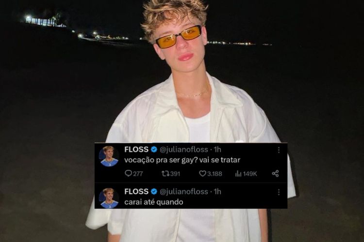 Imagem mostra Juliano Floss na praia, à noite. Rapaz é loiro e veste uma camisa branca e óculos amarelos. Na montagem, há um print da publicação no Twitter na qual ele diz: "vocação pra ser gay? Vai se tratar".