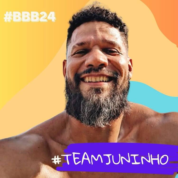 Selfie de Juninho com a estética do BBB, fundo laranja e "#TeamJuninho". 