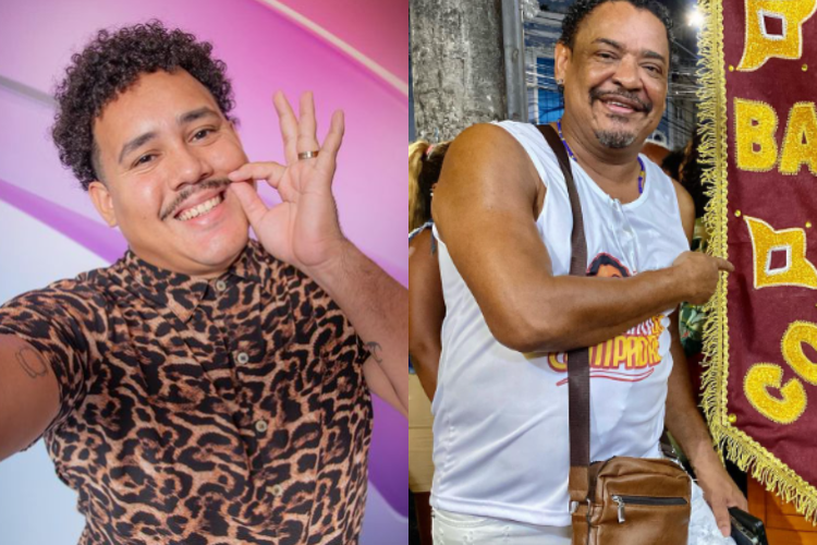 À esquerda está a foto de Lucas Henrique, participante do BBB 24, que veste uma camisa de oncinha enquanto segura seu bigode. À direita, está a foto do cantor Compadre Washington, que sorri e veste uma camisa branca.