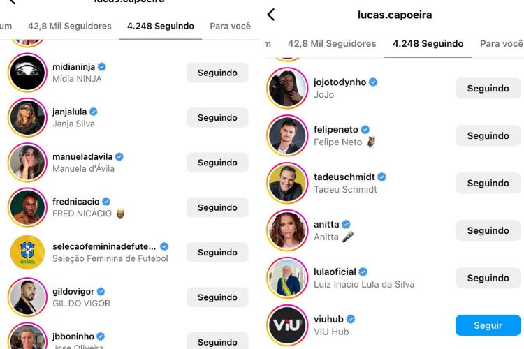 Print do Instagram de Lucas Henrique mostra que ele segue Lula e Janja.