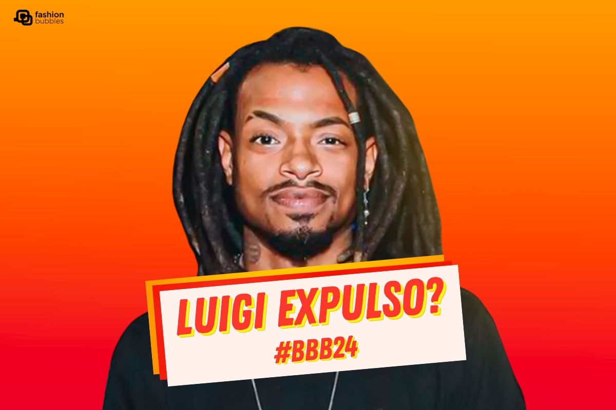 Foto de Lucas Luigi em fundo vermelho e laranja, escrito em placa branca "Luigi expulso?" #bbb24