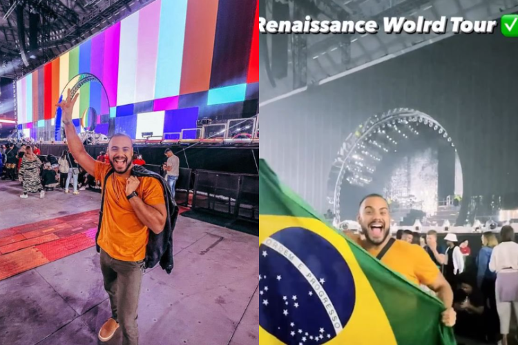 Montagem mostra Marcus Vinícius, um dos participantes do BBB 24, em shows da Renaissance Tour, de Beyoncé. Rapaz veste camiseta laranja e segura a bandeira do Brasil.