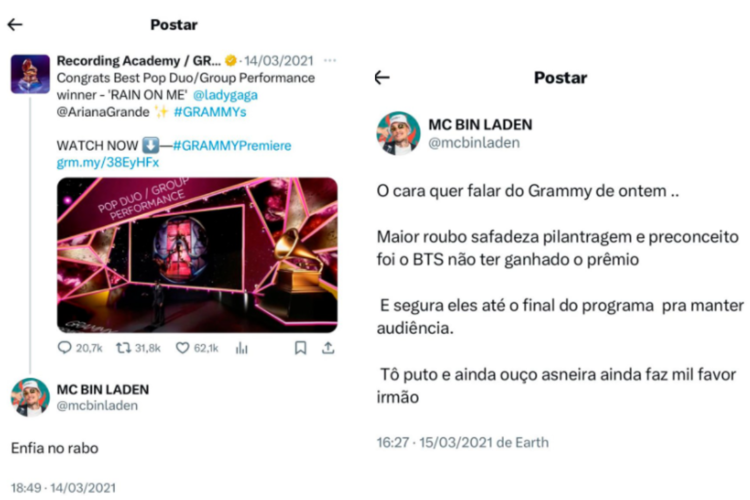 Montagem mostra tweets feitos por MC Bin Laden afirmando que BTS não ganhou prêmio por preconceito.