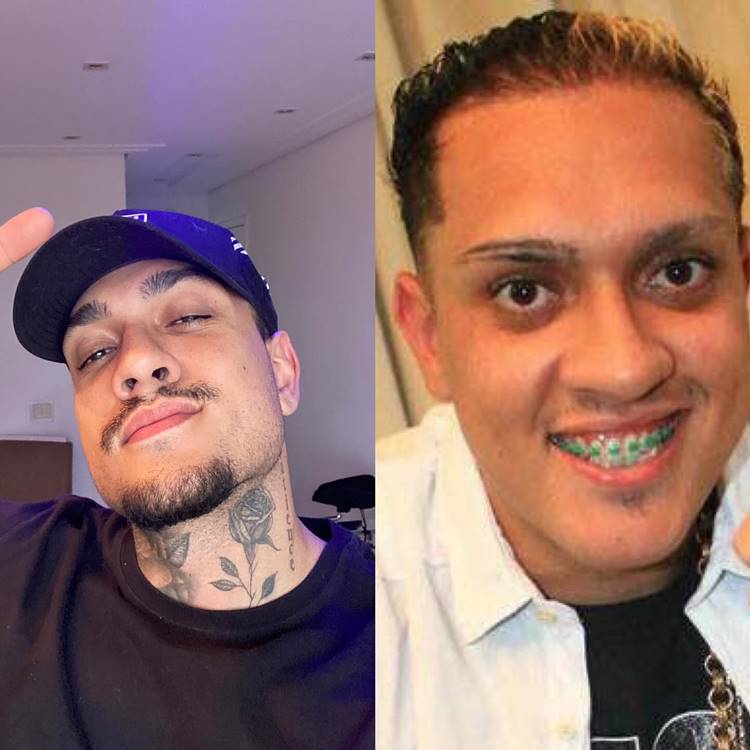 Montagem de fotos do rosto de Mc Bin Laden, comparando o antes e o depois. Na época anterior, ele usava aparelho e tinha a sobrancelha desenhada com corte. Atualmente, ele segue um padrão mais limpo, exibindo bigode e barba, além das tatuagens.