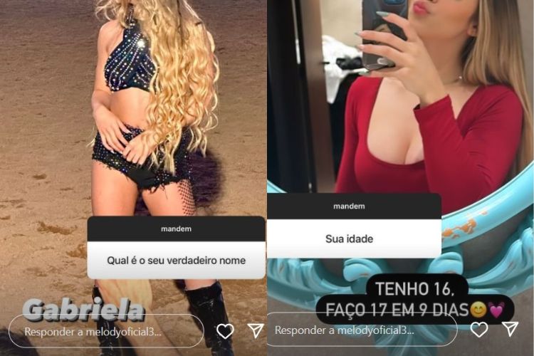 Print das respostas da cantora Melody no Instagram sobre sua idade e nome verdadeiro