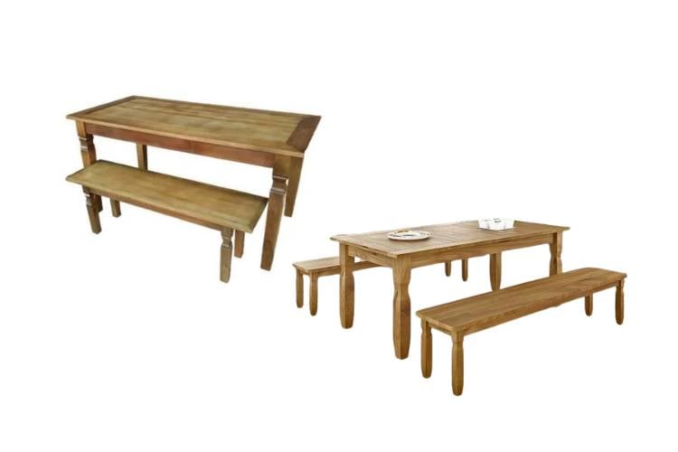 Duas opções de mesa com banco de madeira.