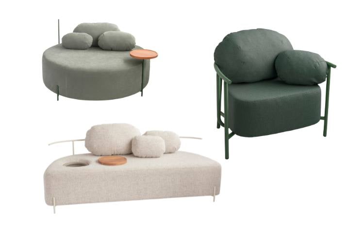 Sofá, lounge e poltrona com formas redondas, em verde claro, verde escuro e off white.