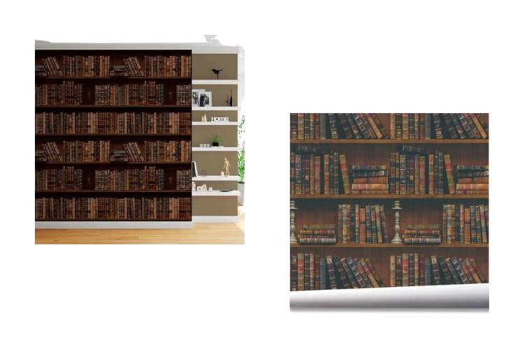 Duas imagens de papéis de parede que imitam estantes de bibilioteca.