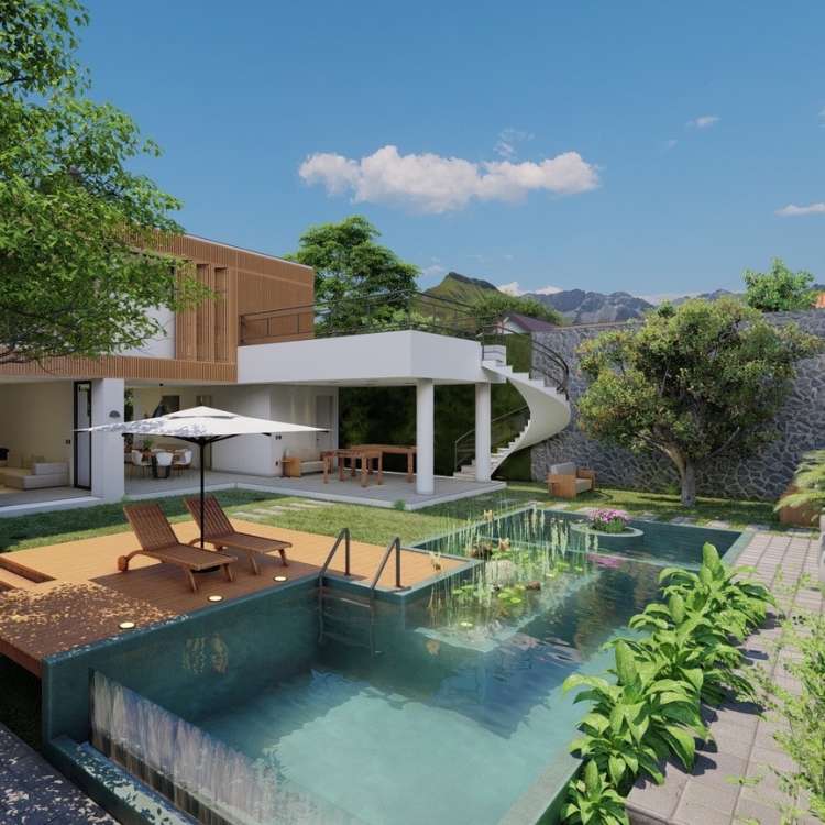 Quintal de casa branca e marrom com grama, espreguiçadeira, piscina biológica e plantas.