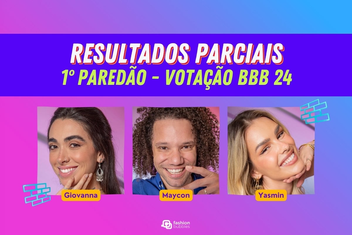 Montagem com foto de Giovanna, Maycon e Yasmin do BBB 24 em fundo rosa e azul e escrito "Resultados parciais 1º Paredão - votação bbb 24"