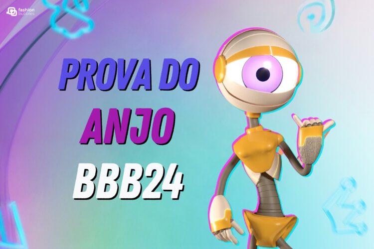 Montagem com robô do BBB em fundo azul e roxo e escrito Prova do Anjo BBB 24